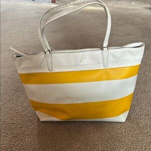 Stylish Coach 30511 Sunglow Yellow and White Striped PVC and leather Tote Bag